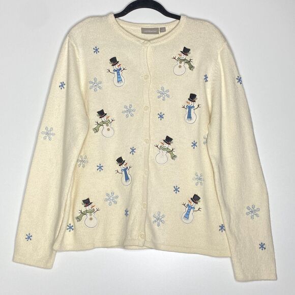 New Croft & Barrow Patchwork Snowman Embroidered Cardigan Sweater Size Large - Picture 7 of 7